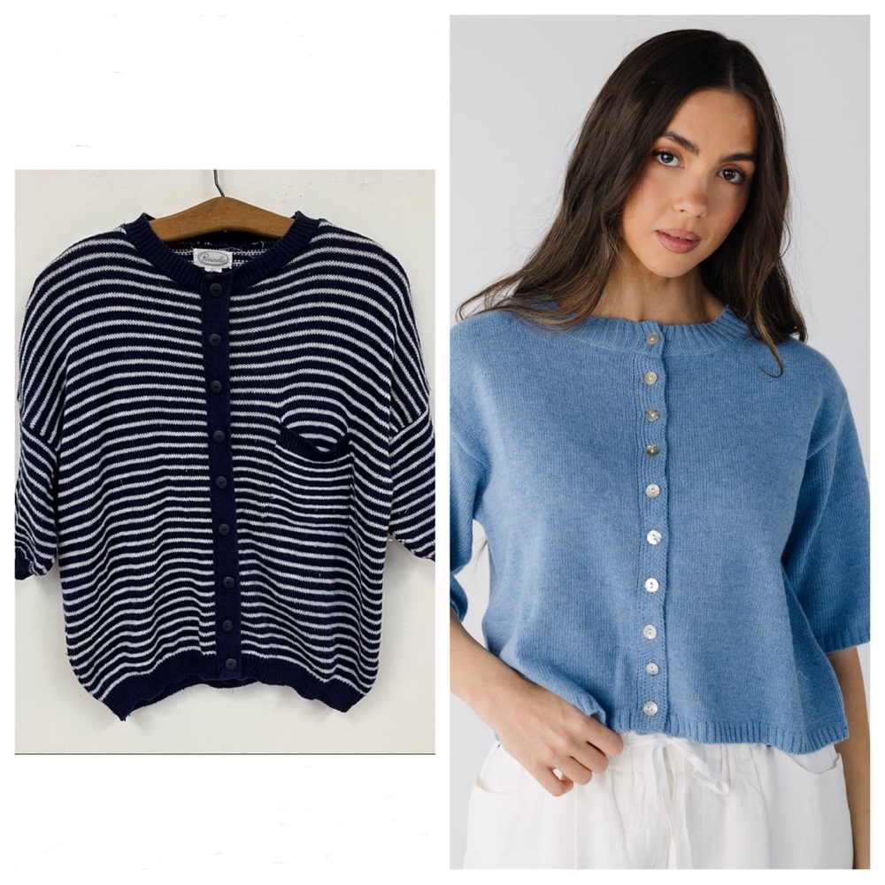 Vintage Navy and White Striped Short Sleeve Cardigan Top